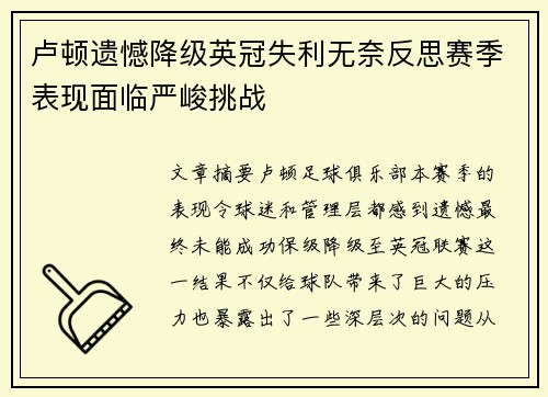 卢顿遗憾降级英冠失利无奈反思赛季表现面临严峻挑战 卢顿遗憾降级英冠失利无奈反思赛季表现面临严峻挑战