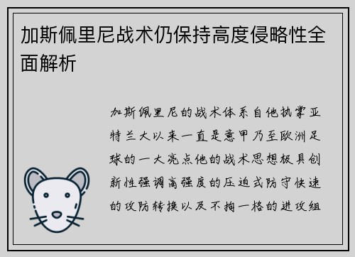 加斯佩里尼战术仍保持高度侵略性全面解析
